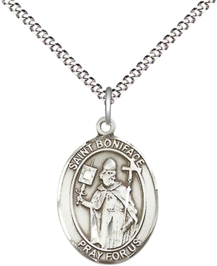 Everlasting Light Jewelry Medium Women's Pewter Saint Boniface Pendant Necklace on 18-inch Rhodium-Plated Lite Curb Brass Chain – Patron Saint of Tailors & Brewers – ¾ x ½ Medal – Velvet Gift Box Included