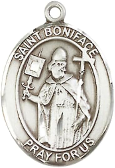 Everlasting Light Jewelry Medium Women's Pewter Saint Boniface Pendant Necklace on 18-inch Rhodium-Plated Lite Curb Brass Chain – Patron Saint of Tailors & Brewers – ¾ x ½ Medal – Velvet Gift Box Included