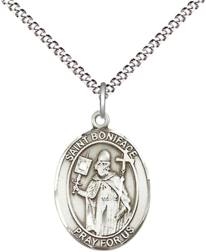 Everlasting Light Jewelry Medium Women's Pewter Saint Boniface Pendant Necklace on 18-inch Rhodium-Plated Lite Curb Brass Chain – Patron Saint of Tailors & Brewers – ¾ x ½ Medal – Velvet Gift Box Included
