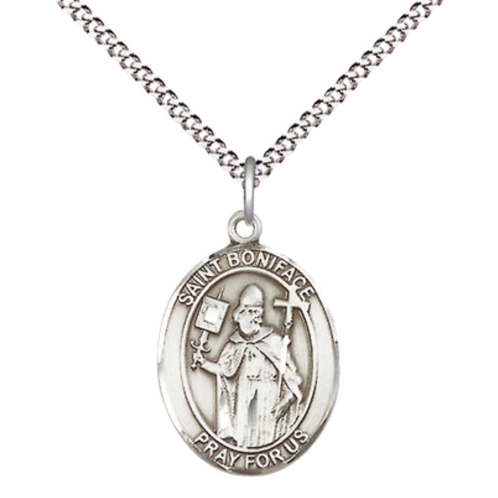Everlasting Light Jewelry Medium Women's .925 Sterling Silver Saint St. Boniface Pendant Necklace on 18- Inch Rhodium Plated Lite Curb Brass Chain – Patron Saint St. of Tailors & Brewers, Catholic Medal – Velvet Gift Box Included