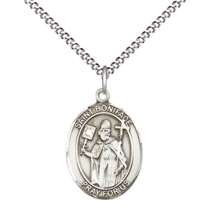 Everlasting Light Jewelry Medium Women's .925 Sterling Silver Saint St. Boniface Pendant Necklace on 18- Inch Rhodium Plated Lite Curb Brass Chain – Patron Saint St. of Tailors & Brewers, Catholic Medal – Velvet Gift Box Included