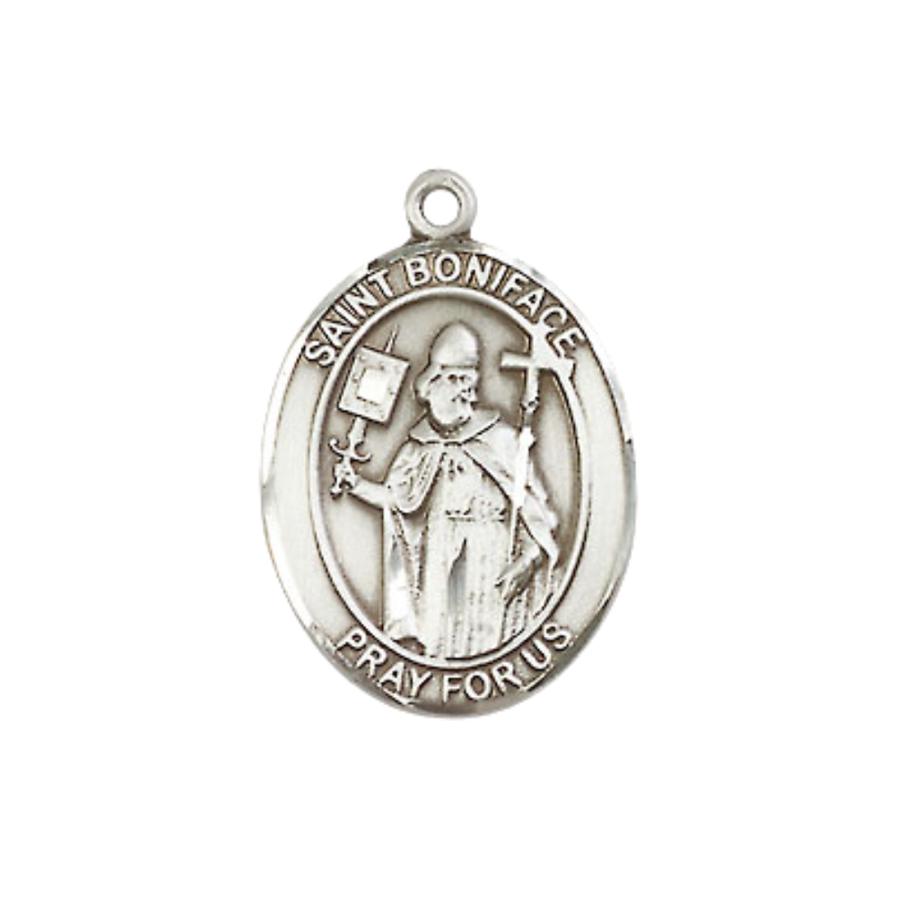 Everlasting Light Jewelry Medium Women's .925 Sterling Silver Saint St. Boniface Pendant Necklace on 18- Inch Rhodium Plated Lite Curb Brass Chain – Patron Saint St. of Tailors & Brewers, Catholic Medal – Velvet Gift Box Included