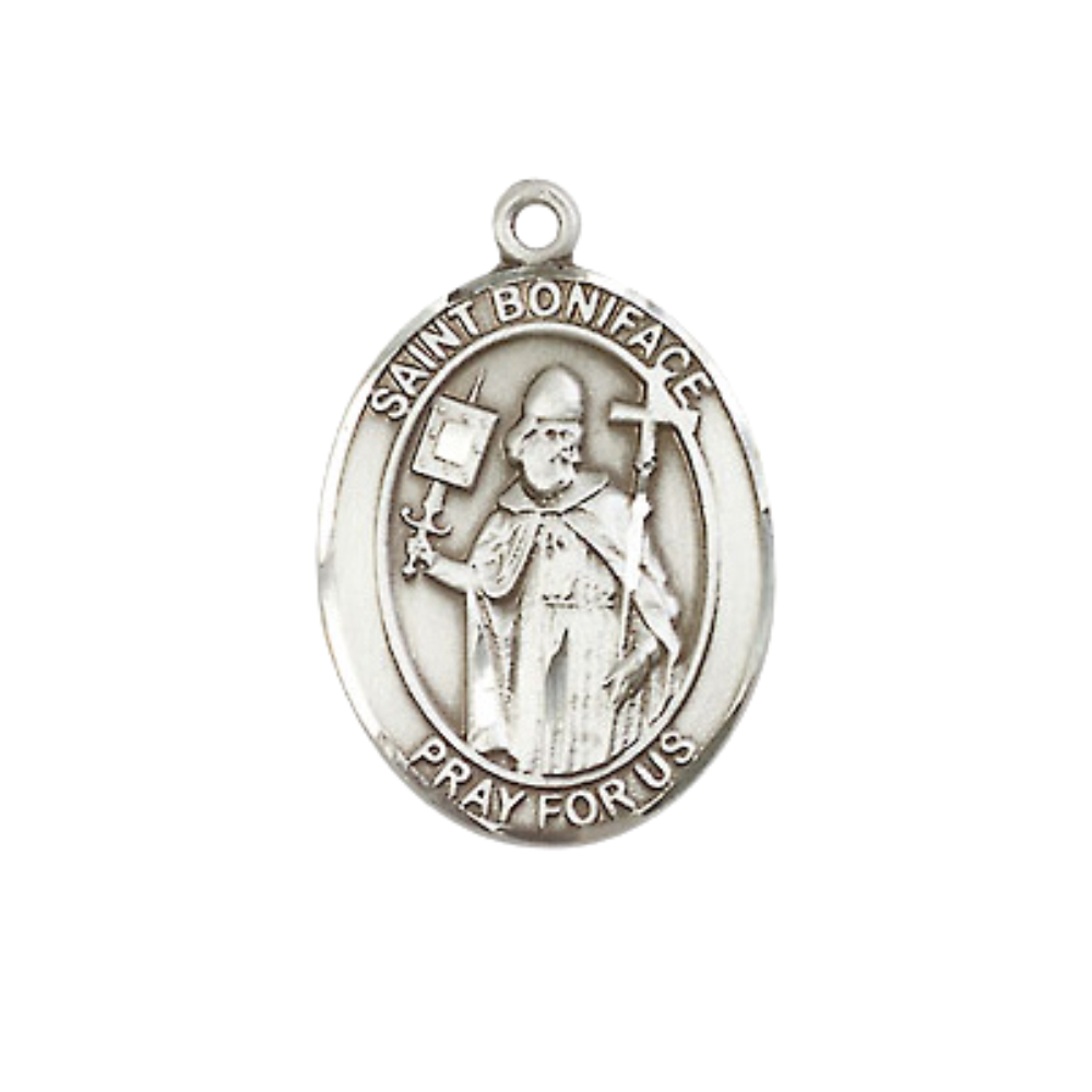 Everlasting Light Jewelry Medium Men's Pewter Saint St. Boniface Medal Pendant on 24 Inch Endless Rhodium Plated Heavy Curb Brass Chain, Catholic Religious Necklace - Made in USA- Deluxe Velvet Gift Box