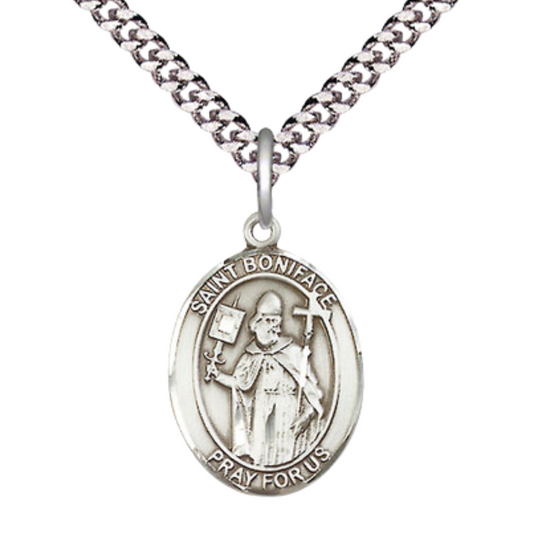 Everlasting Light Jewelry Medium Men's Pewter Saint St. Boniface Medal Pendant on 24 Inch Endless Rhodium Plated Heavy Curb Brass Chain, Catholic Religious Necklace - Made in USA- Deluxe Velvet Gift Box