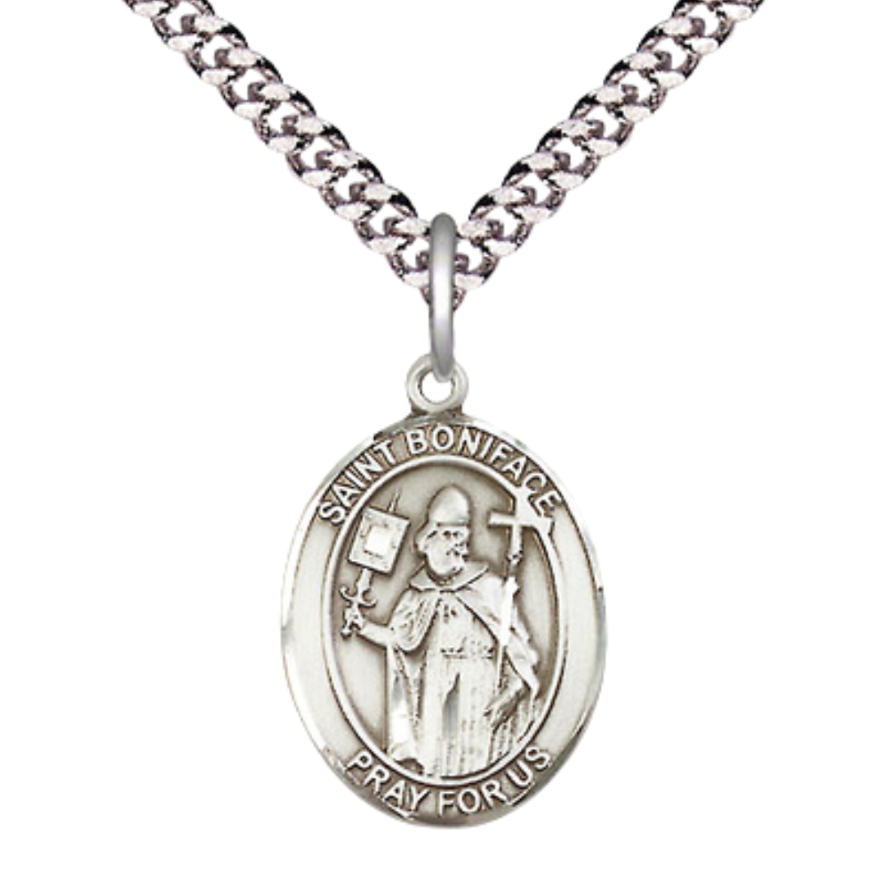 Mens Medium Oval Pewter Saint St. Boniface Medal Pendant on 24 Inch Rhodium Plated Heavy Curb Brass Chain with Lobster Claw Clasp, Catholic Religious Necklace- USA Made Velvet Gift Box