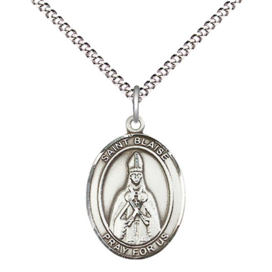 Everlasting Light Jewelry Medium Women's Pewter Saint Blaise Pendant Necklace on 18-inch Rhodium-Plated Lite Curb Brass Chain – Patron Saint of Throat Ailments – ¾ x ½ Medal – Velvet Gift Box Included