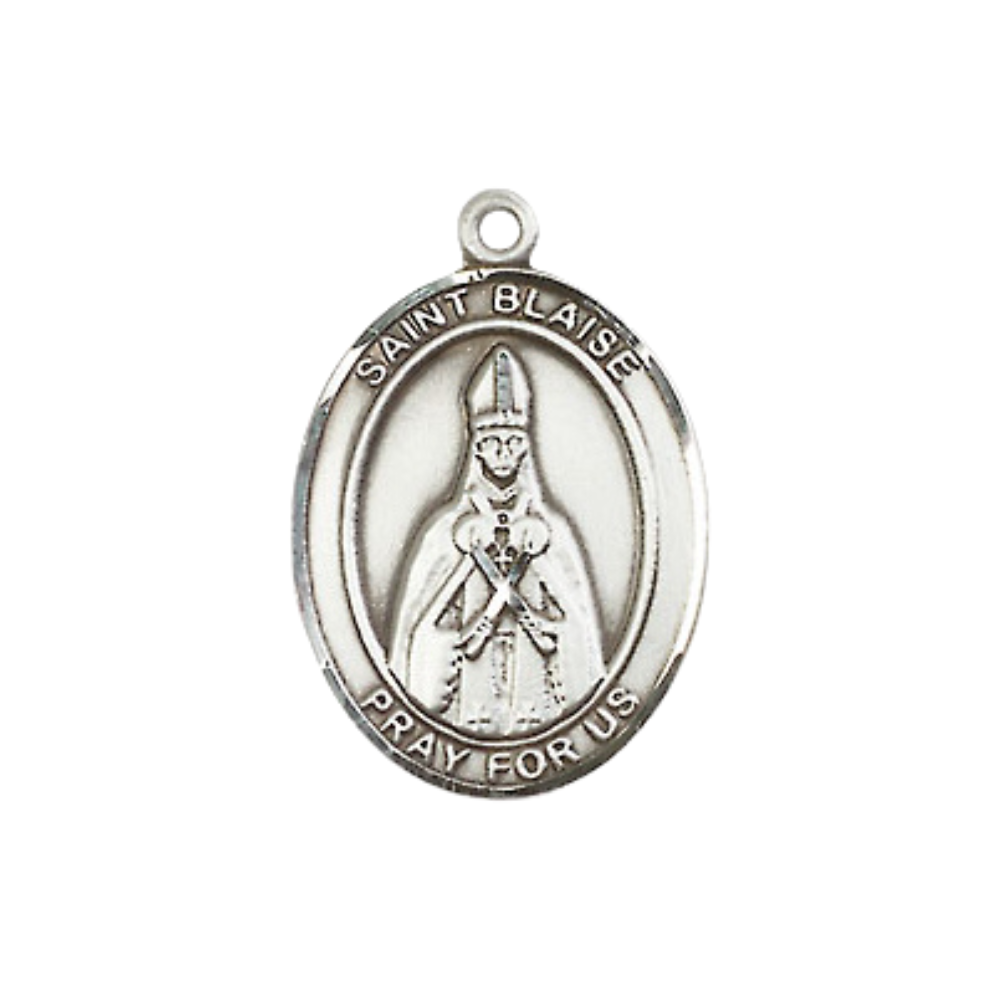 Everlasting Light Jewelry Medium Women's Pewter Saint Blaise Pendant Necklace on 18-inch Rhodium-Plated Lite Curb Brass Chain – Patron Saint of Throat Ailments – ¾ x ½ Medal – Velvet Gift Box Included