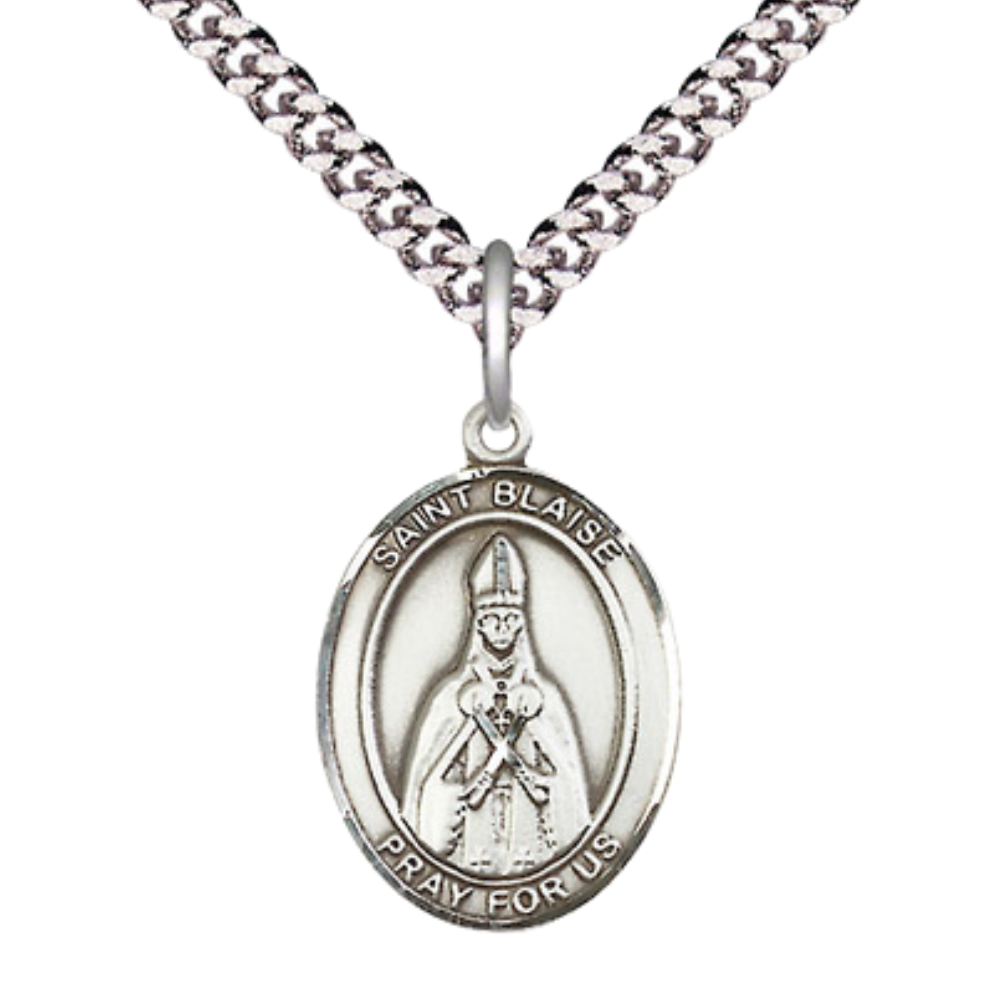 Everlasting Light Jewelry Medium Men's Pewter Saint St. Blaise Medal Pendant on 24 Inch Endless Rhodium Plated Heavy Curb Brass Chain, Catholic Religious Necklace - Made in USA- Deluxe Velvet Gift Box