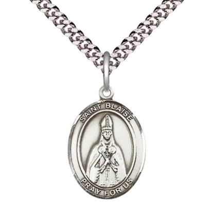 Medium Men's .925 Sterling Silver Saint St. Blaise Medal Pendant on 24 Inch Endless Rhodium Plated Heavy Curb Brass Chain, Catholic Religious Necklace - Made in USA- Deluxe Velvet Gift Box