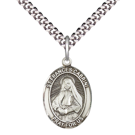 Medium Men's .925 Sterling Silver Saint St. Frances Cabrini Medal Pendant on 24 Inch Endless Rhodium Plated Heavy Curb Brass Chain, Catholic Religious Necklace - Made in USA- Deluxe Velvet Gift Box