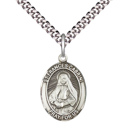 Medium Mens .925 Sterling Silver Saint St. Frances Cabrini Medal Pendant on 24 Inch Rhodium Plated Heavy Curb Brass Chain w/ Lobster Claw Clasp, Catholic Religious Necklace - Made in USA- Velvet Gift Box