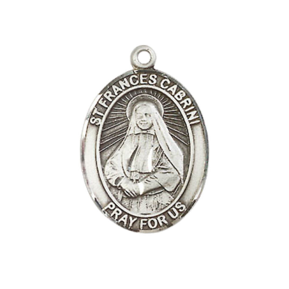 Medium Men's Pewter Saint St. Frances Cabrini Medal Pendant on 24 Inch Endless Rhodium Plated Heavy Curb Brass Chain, Catholic Religious Necklace - Made in USA- Deluxe Velvet Gift Box
