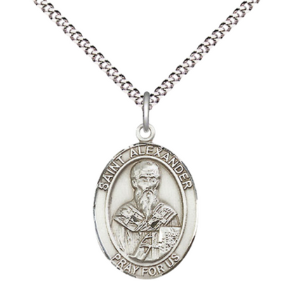 Everlasting Light Jewelry Medium Women's .925 Sterling Silver Saint St. Alexander Constantinople Pendant Necklace on 18Inch Rhodium Plated Lite Curb Brass Chain, Catholic Medal – Patron Saint St. of Corsica – Velvet Gift Box Included