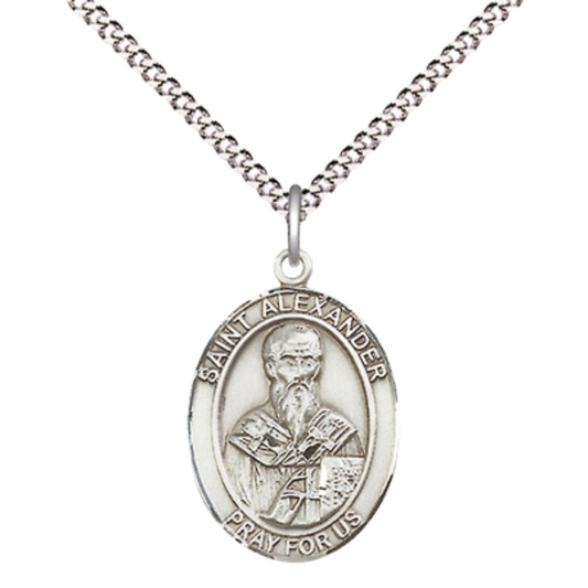 Everlasting Light Jewelry Medium Women's .925 Sterling Silver Saint St. Alexander Constantinople Pendant Necklace on 18Inch Rhodium Plated Lite Curb Brass Chain, Catholic Medal – Patron Saint St. of Corsica – Velvet Gift Box Included