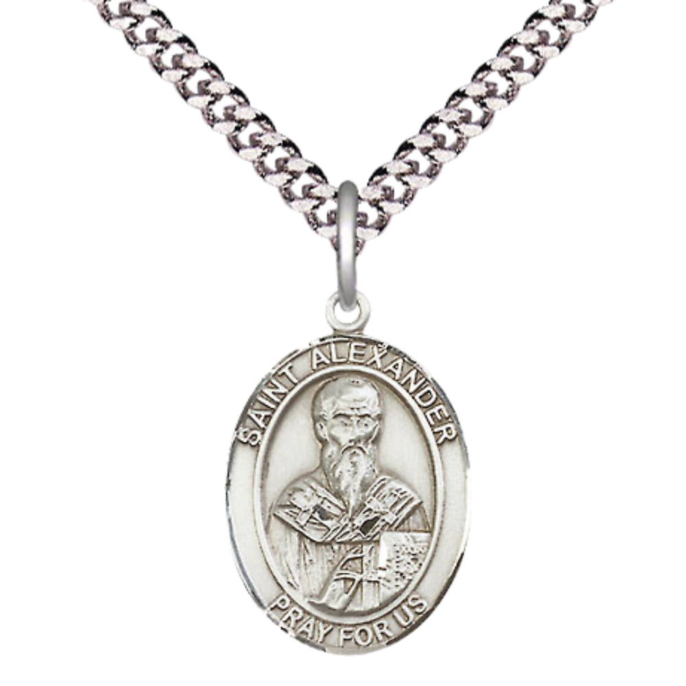 Medium Men's .925 Sterling Silver Patron Saint St. Alexander Constantinople Medal Pendant with 24 Inch Rhodium Plated Heavy Curb Chain Catholic Religious Necklace - Made in USA, Deluxe Velvet Gift Box