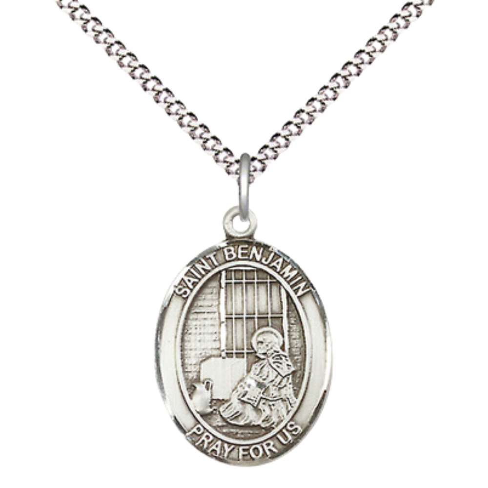 Everlasting Light Jewelry Medium Women's Sterling Silver Saint Benjamin Pendant Necklace on 18-Inch Rhodium Plated Lite Curb Brass Chain – Patron Saint of Those Named Benjamin – Velvet Gift Box Included