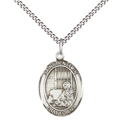 Everlasting Light Jewelry Medium Women's Pewter Saint St. Benjamin Pendant Necklace on 18- inch Rhodium- Plated Lite Curb Brass Chain – Patron Saint St. of Those Named Benjamin, Catholic Medal – Velvet Gift Box Included