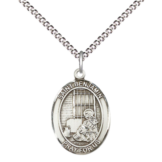 Everlasting Light Jewelry Medium Women's Pewter Saint St. Benjamin Pendant Necklace on 18- inch Rhodium- Plated Lite Curb Brass Chain – Patron Saint St. of Those Named Benjamin, Catholic Medal – Velvet Gift Box Included