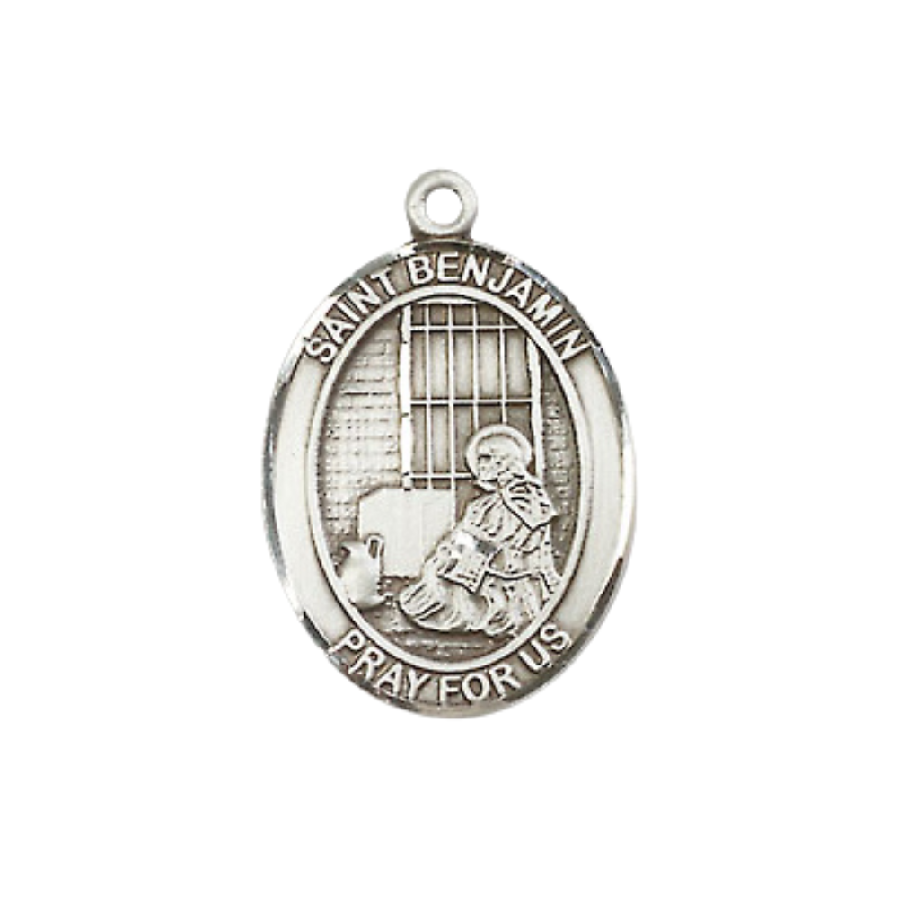 Everlasting Light Jewelry Medium Women's Pewter Saint St. Benjamin Pendant Necklace on 18- inch Rhodium- Plated Lite Curb Brass Chain – Patron Saint St. of Those Named Benjamin, Catholic Medal – Velvet Gift Box Included