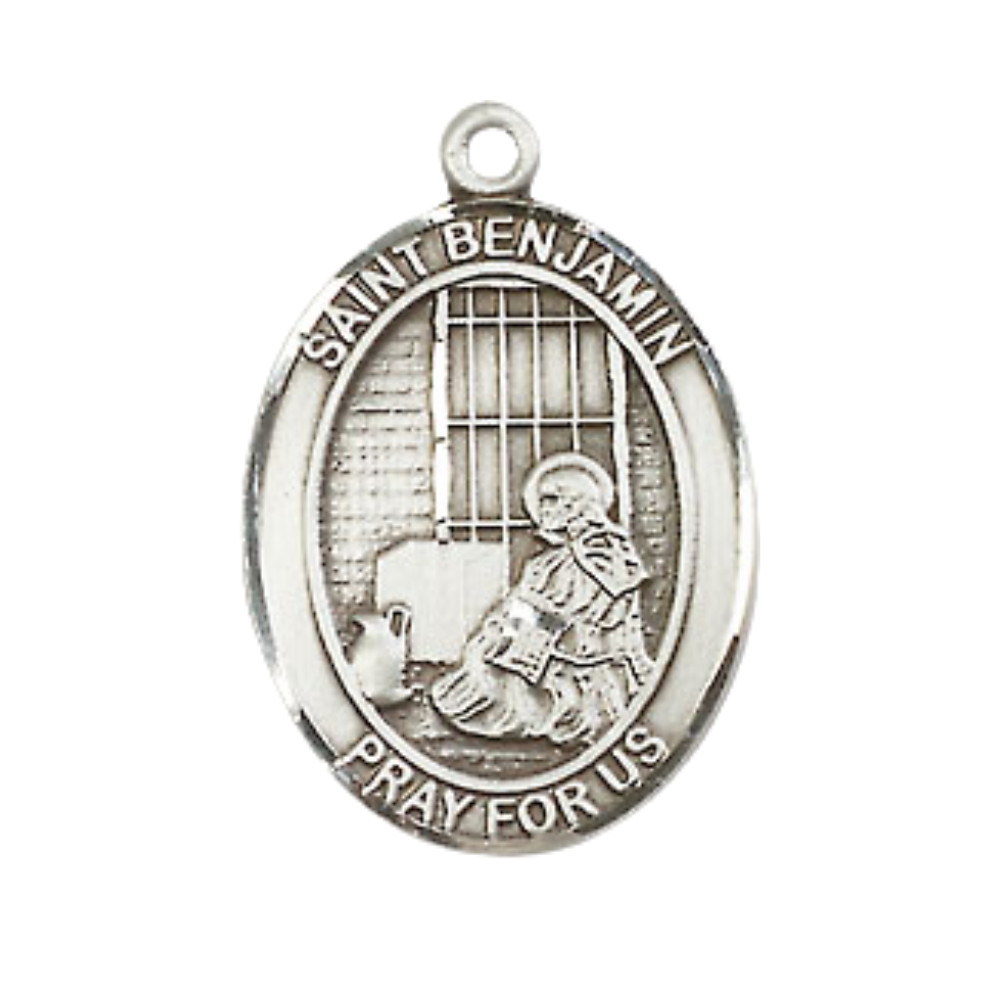 Everlasting Light Jewelry Medium Men's .925 Sterling Silver Saint St. Benjamin Medal Pendant with 24 Inch Rhodium Plated Heavy Curb Chain Catholic Religious Necklace - Made in USA, Deluxe Velvet Gift Box