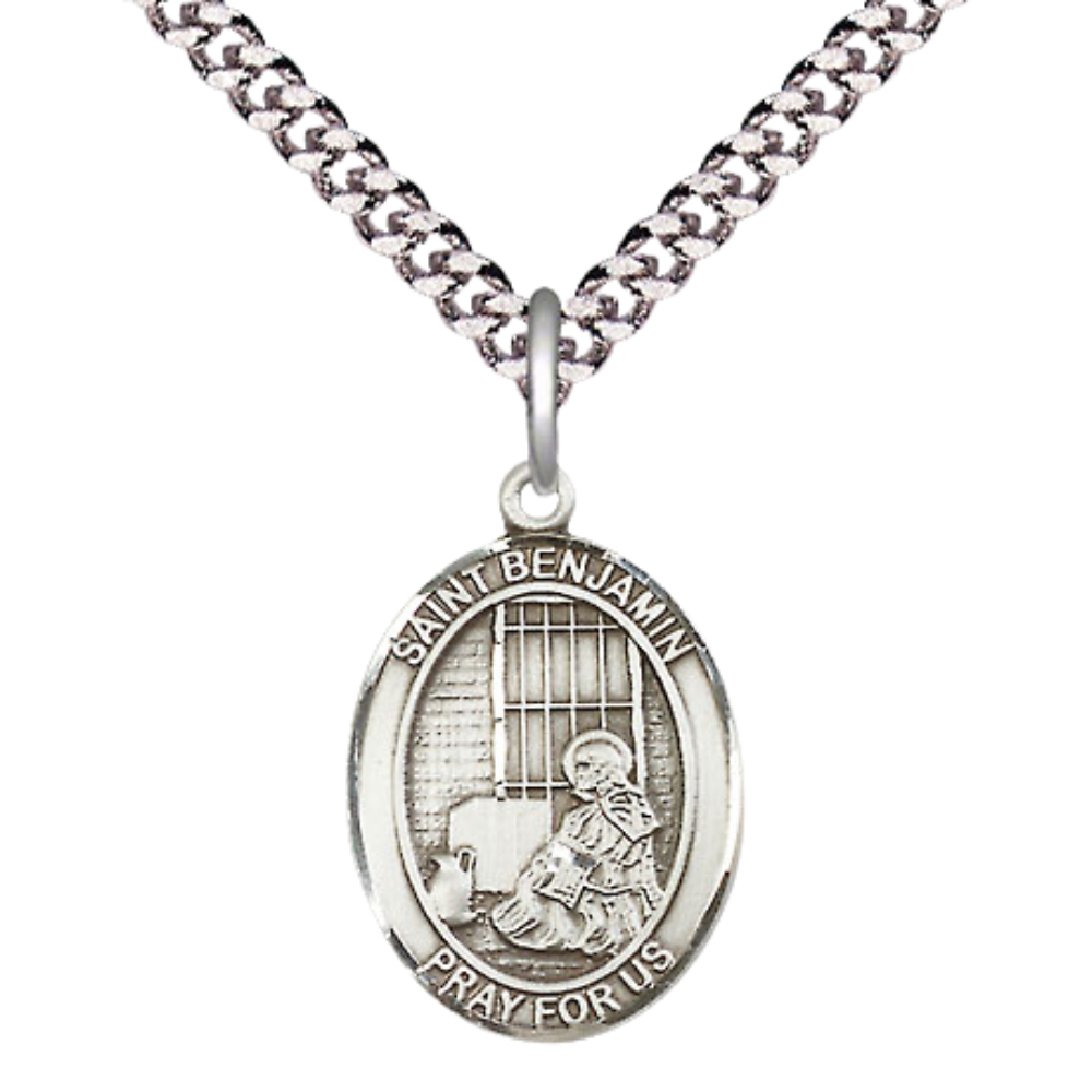 Everlasting Light Jewelry Medium Men's .925 Sterling Silver Saint St. Benjamin Medal Pendant with 24 Inch Rhodium Plated Heavy Curb Chain Catholic Religious Necklace - Made in USA, Deluxe Velvet Gift Box