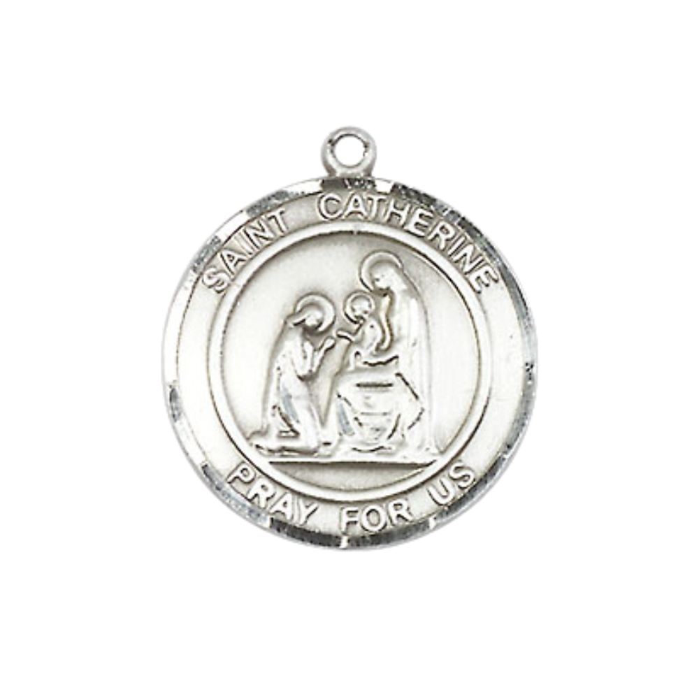 Medium Women's Pewter Saint St. Catherine of Siena Medal Pendant on 18 Inch Rhodium Plated Lite Curb Brass Chain w/ Lobster Claw clasp, Catholic Religious Necklace - Made in USA - Deluxe Velvet Gift Box