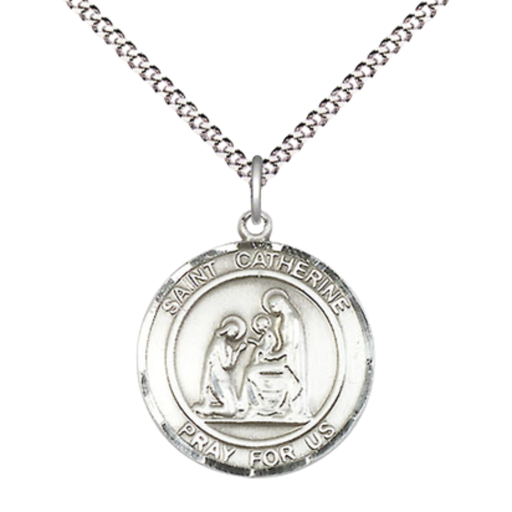 Medium Women's .925 Sterling Silver Saint St. Catherine of Siena Pendant Necklace on 18 Inch Rhodium- Plated Lite Curb Brass Chain with Lobster Claw Clasp, Catholic Medal - Patron Saint. of Fire Prevention – Velvet Gift Box