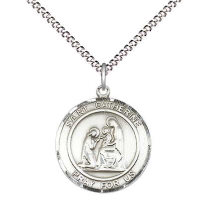 Medium Women's Pewter Saint St. Catherine of Siena Medal Pendant on 18 Inch Rhodium Plated Lite Curb Brass Chain w/ Lobster Claw clasp, Catholic Religious Necklace - Made in USA - Deluxe Velvet Gift Box