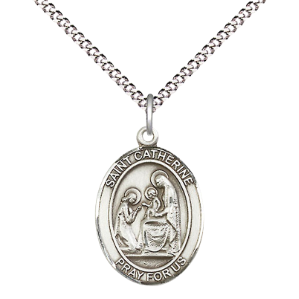 .925 Sterling Silver Saint St. Catherine of Siena Medal Pendant on 18 Inch Rhodium Plated Lite Curb Brass Chain w/ Lobster Claw Clasp, Catholic Religious Necklace - Made in USA- Prayer Card Included