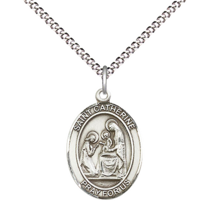 Pewter Saint St. Catherine of Siena Medal Pendant on 18 Inch Rhodium Plated Lite Curb Brass Chain with Lobster Claw Clasp, Catholic Religious Necklace - Made in USA- Prayer Card Included