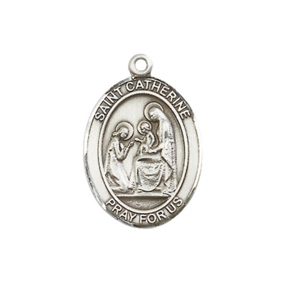 Women's Pewter Saint Catherine of Siena Pendant Necklace on 18-inch Rhodium-Plated Lite Curb Brass Chain – Patron Saint of Fire Prevention – ¾ x ½ Medal – Velvet Gift Box Included