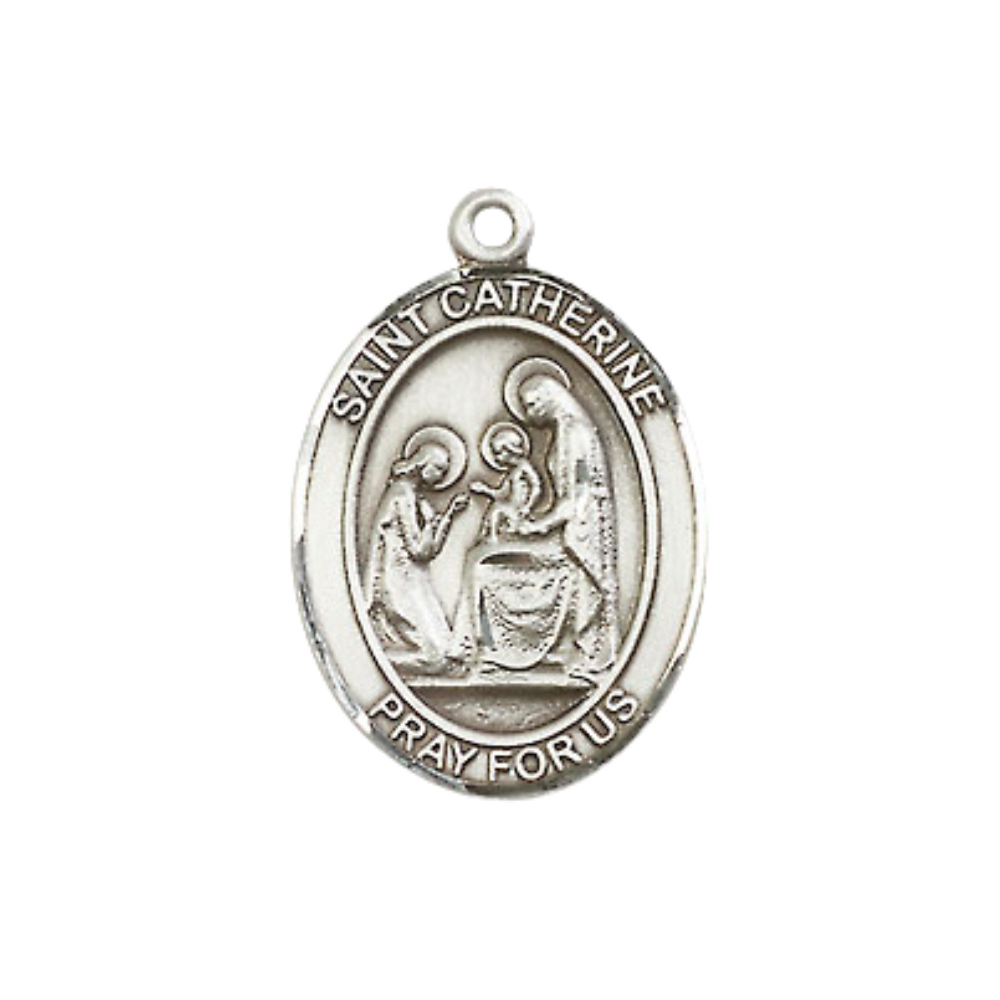 .925 Sterling Silver Saint St. Catherine of Siena Medal Pendant on 18 Inch Rhodium Plated Lite Curb Brass Chain w/ Lobster Claw Clasp, Catholic Religious Necklace - Made in USA- Prayer Card Included
