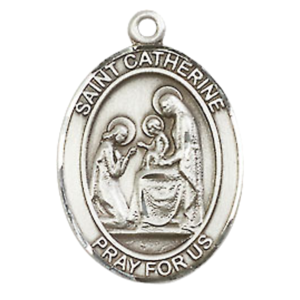 Medium Men's .925 Sterling Silver Patron Saint St. Catherine of Siena Medal Pendant with 24 Inch Rhodium Plated Heavy Curb Chain Catholic Religious Necklace - Made in USA, Deluxe Velvet Gift Box