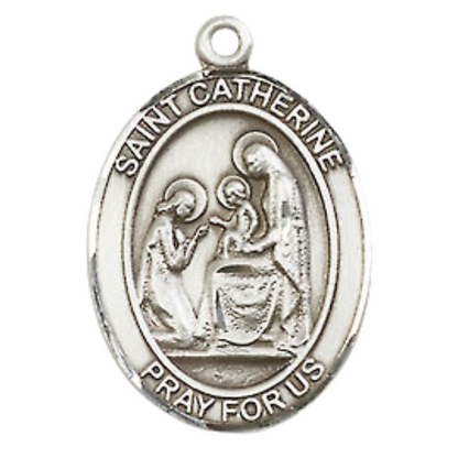 Medium Mens Sterling Silver Saint Catherine of Siena Medal Pendant on 24" Rhodium Plated Heavy Curb Brass Chain w/ Lobster Claw Clasp, Catholic Religious Necklace -Made in USA- Velvet Gift Box