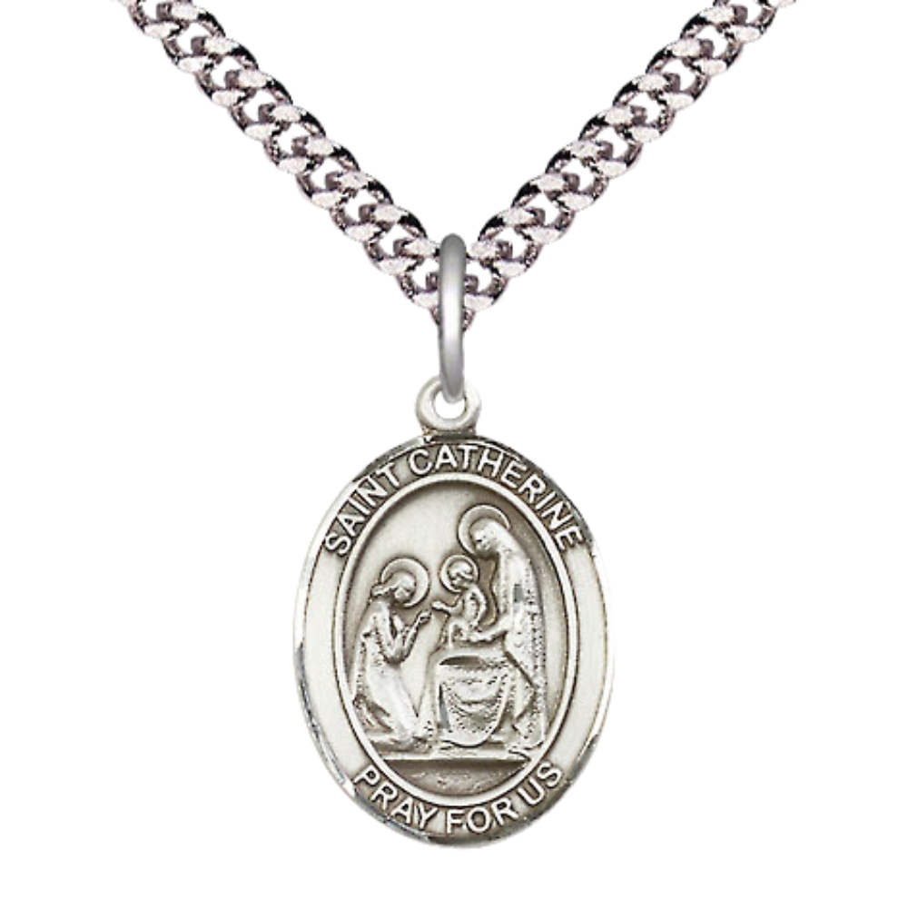 Medium Mens Sterling Silver Saint Catherine of Siena Medal Pendant on 24" Rhodium Plated Heavy Curb Brass Chain w/ Lobster Claw Clasp, Catholic Religious Necklace -Made in USA- Velvet Gift Box