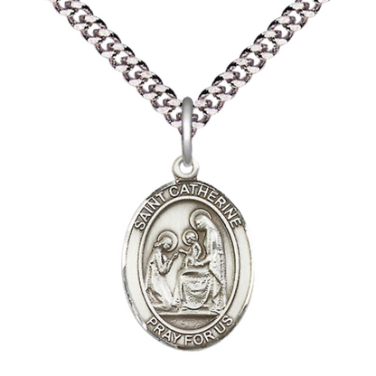 Medium Mens Sterling Silver Saint Catherine of Siena Medal Pendant on 24" Rhodium Plated Heavy Curb Brass Chain w/ Lobster Claw Clasp, Catholic Religious Necklace -Made in USA- Velvet Gift Box