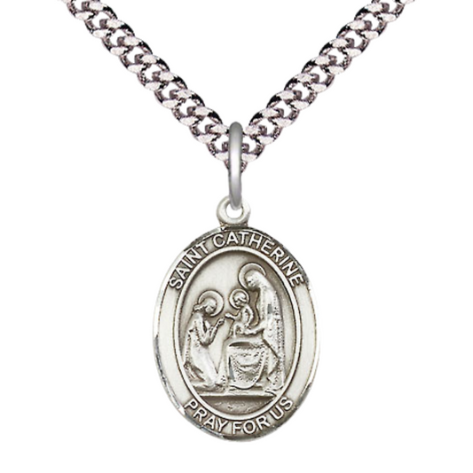 Everlasting Light Jewelry Medium Men's Pewter Patron Saint St. Catherine of Siena Medal Pendant with 24 Inch Rhodium Plated Heavy Curb Chain Catholic Religious Necklace - Made in USA, Deluxe Velvet Gift Box
