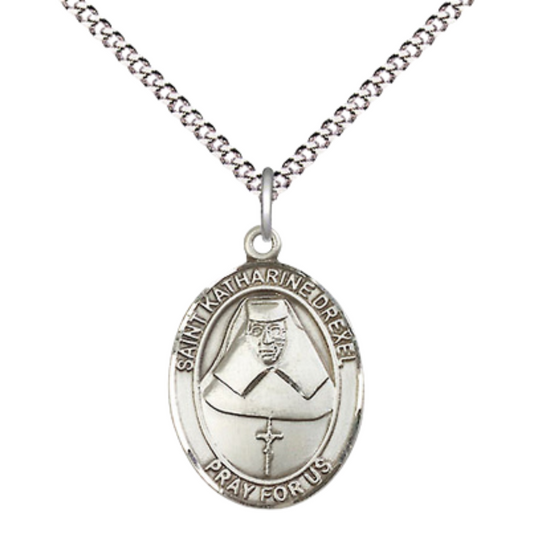 Everlasting Light Jewelry Medium Women's Sterling Silver Saint Katharine Drexel Pendant Necklace on 18-Inch Rhodium Plated Lite Curb Brass Chain – Patron Against Racism – Velvet Gift Box Included