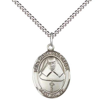 Everlasting Light Jewelry Medium Women's Pewter Saint St. Katharine Drexel Pendant Necklace on 18- inch Rhodium- Plated Lite Curb Brass Chain – Patron Against Racism – ¾ x ½ Medal, Catholic Medal – Velvet Gift Box Include