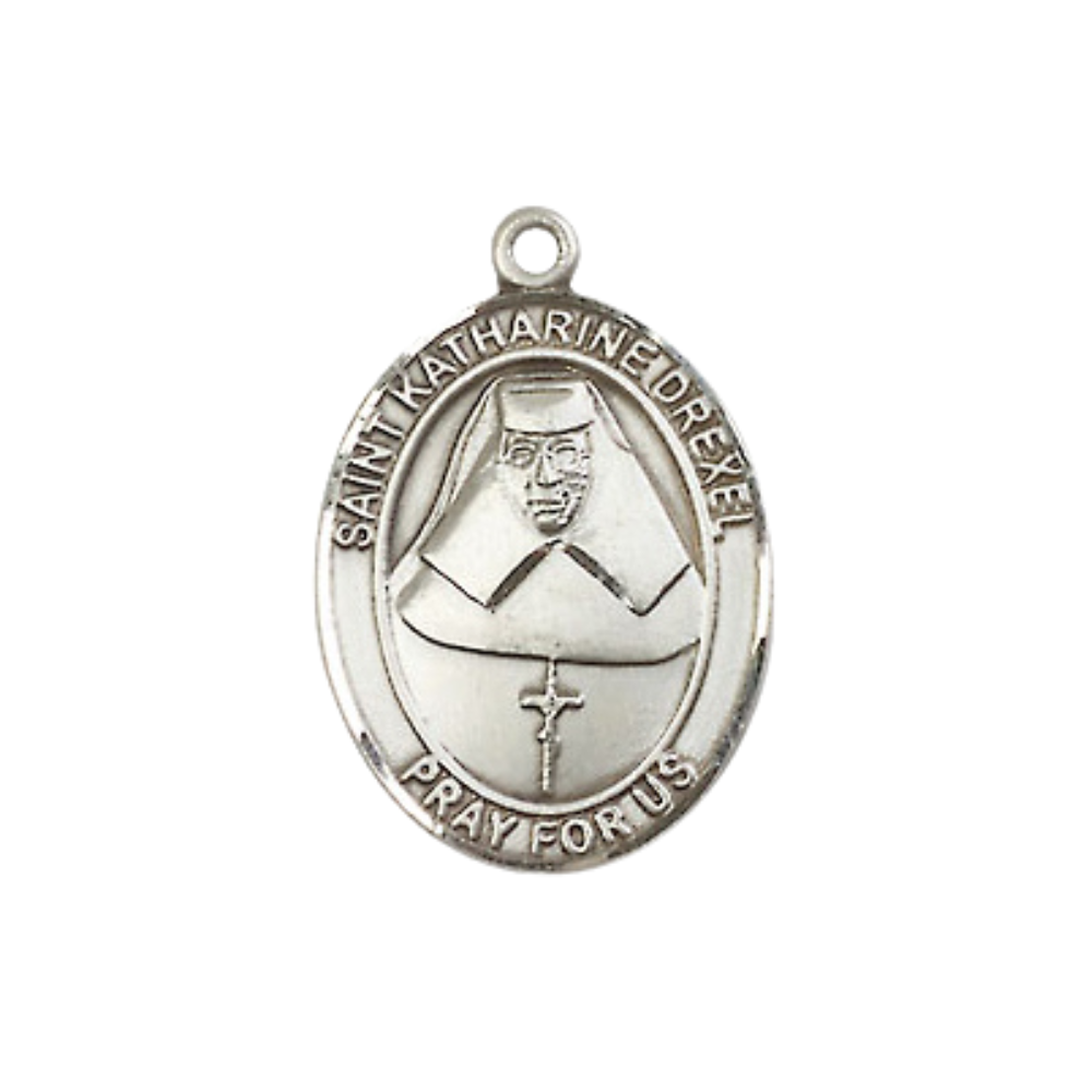 .925 Sterling Silver Saint St. Katharine Drexel Medal Pendant on 18 Inch Rhodium Plated Lite Curb Brass Chain w/ Lobster Claw Clasp, Catholic Religious Necklace - Made in USA- Prayer Card Included