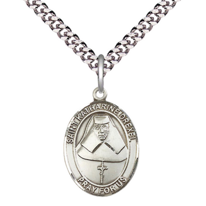 Everlasting Light Jewelry Medium Men's Pewter Patron Saint St. Katharine Drexel Medal Pendant with 24 Inch Rhodium Plated Heavy Curb Chain Catholic Religious Necklace - Made in USA, Deluxe Velvet Gift Box