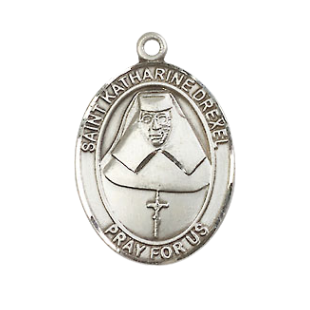 Mens Medium Oval .925 Sterling Silver Saint Katharine Drexel Medal Pendant on 24" Rhodium Plated Heavy Curb Brass Chain w/ Lobster Claw Clasp,Catholic Religious Necklace-USA Made Gift Boxed