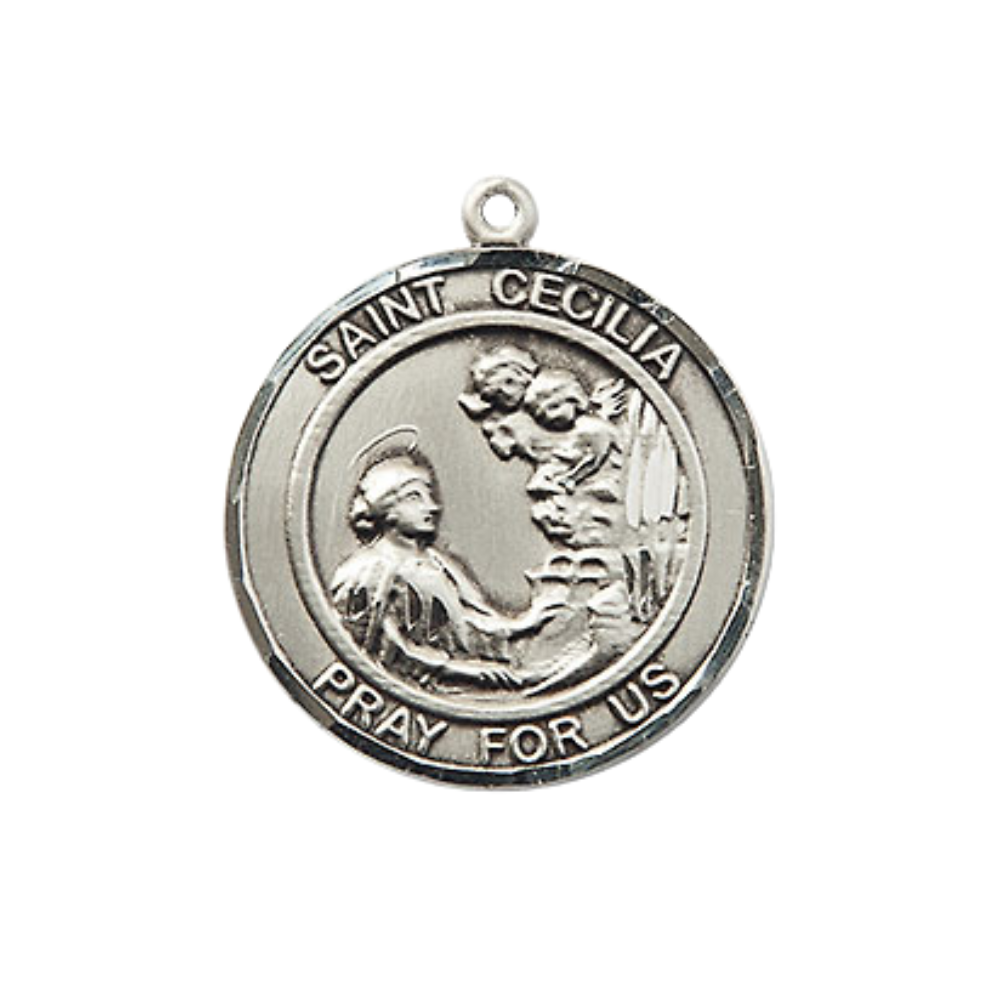 Medium Women's .925 Sterling Silver Saint St. Cecilia Pendant Necklace – ¾” x ?” Medal on 18 Inch Rhodium- Plated Lite Curb Brass Chain with Lobster Claw Clasp, Catholic Medal - Patron Saint. of Musicians & Singers – Velvet Gift Box