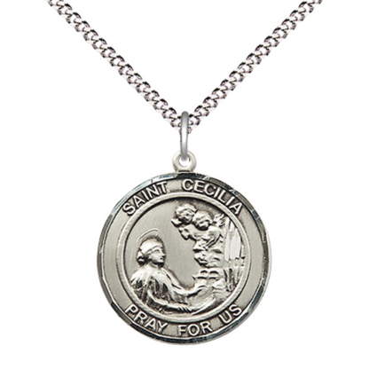 Medium Women's Pewter Saint St. Cecilia Medal Pendant on 18 Inch Rhodium Plated Lite Curb Brass Chain w/Lobster Claw clasp, Catholic Religious Necklace - Made in USA - Deluxe Velvet Gift Box