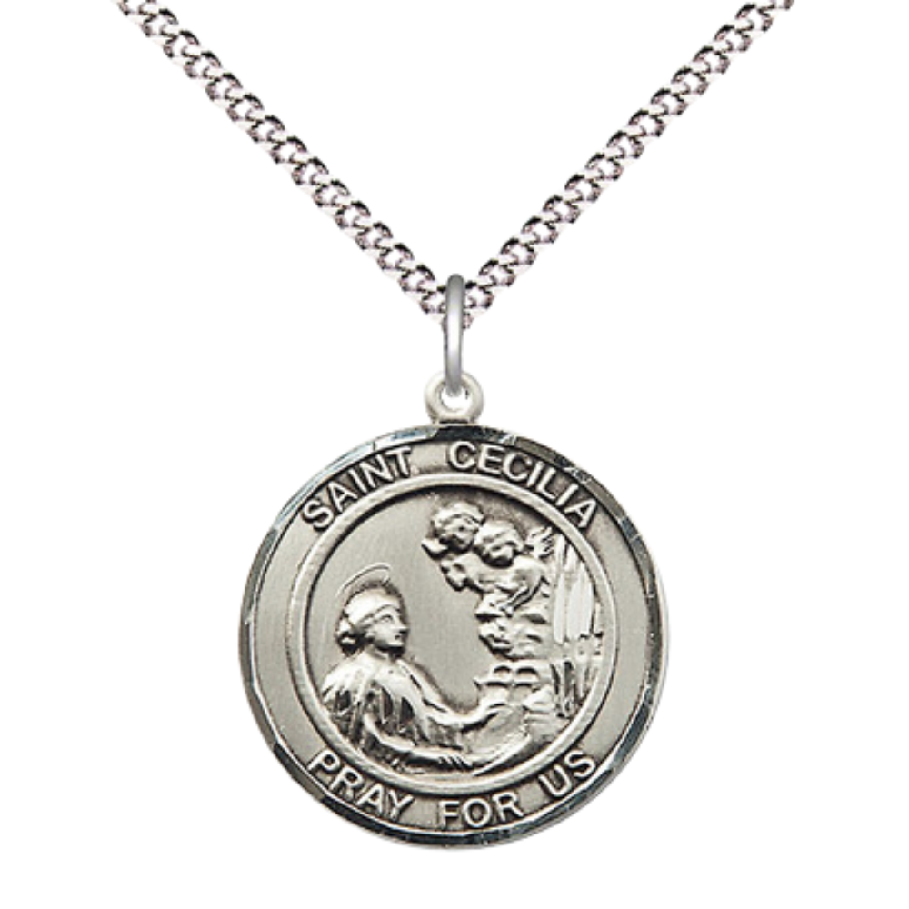 Medium Women's .925 Sterling Silver Saint St. Cecilia Pendant Necklace – ¾” x ?” Medal on 18 Inch Rhodium- Plated Lite Curb Brass Chain with Lobster Claw Clasp, Catholic Medal - Patron Saint. of Musicians & Singers – Velvet Gift Box