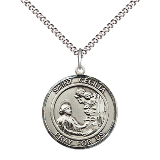 Medium Women's .925 Sterling Silver Saint St. Cecilia Pendant Necklace – ¾” x ?” Medal on 18 Inch Rhodium- Plated Lite Curb Brass Chain with Lobster Claw Clasp, Catholic Medal - Patron Saint. of Musicians & Singers – Velvet Gift Box