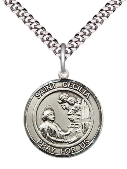 Mens Medium Round .925 Sterling Silver Saint St. Cecilia Medal Pendant on 24 Inch Rhodium Plated Heavy Curb Brass Chain w/ Lobster Claw Clasp, Catholic Religious Necklace- USA Made Velvet Gift Box