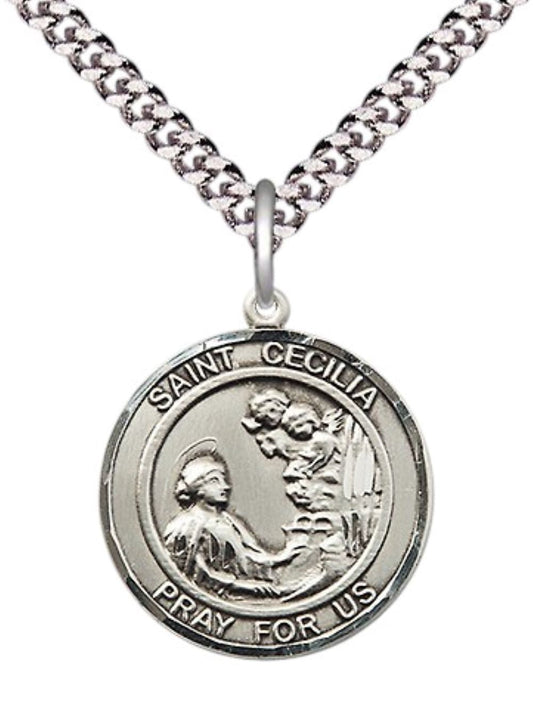 Medium Men's .925 Sterling Silver Saint St. Cecilia Medal Pendant on 24 Inch Endless Rhodium Plated Heavy Curb Brass Chain, Catholic Religious Necklace - Made in USA- Deluxe Velvet Gift Box