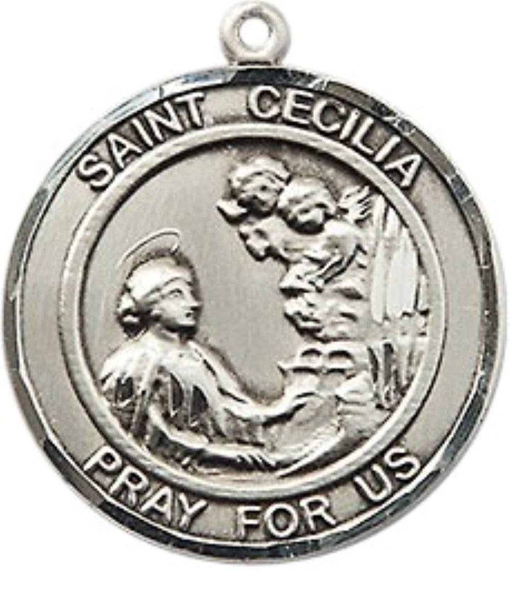 Medium Men's .925 Sterling Silver Saint St. Cecilia Medal Pendant on 24 Inch Endless Rhodium Plated Heavy Curb Brass Chain, Catholic Religious Necklace - Made in USA- Deluxe Velvet Gift Box
