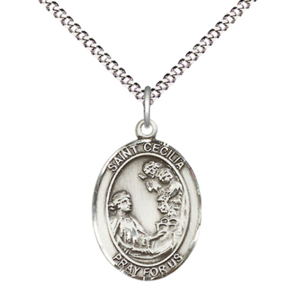 .925 Sterling Silver Saint St. Cecilia Medal Pendant on 18 Inch Rhodium Plated Lite Curb Brass Chain with Lobster Claw Clasp, Catholic Religious Necklace - Made in USA- Prayer Card Included